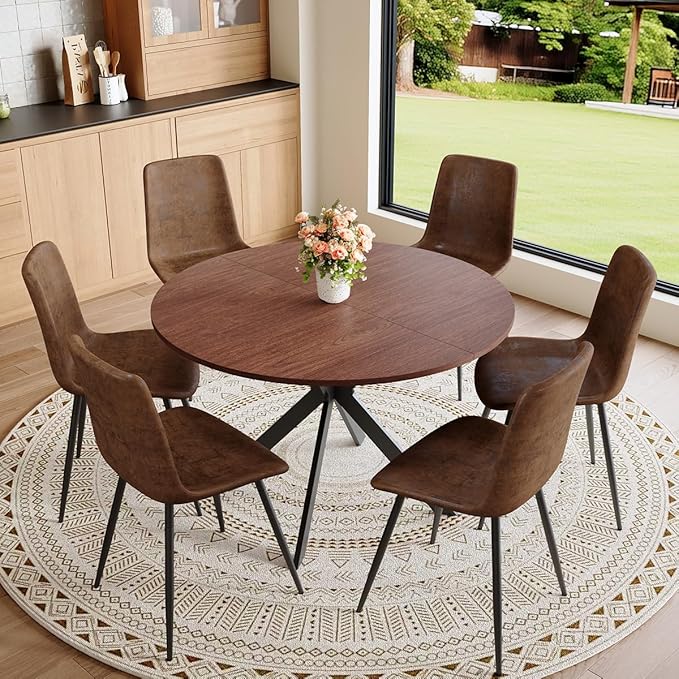 Round Dining Table Set for 6｜42"-54" Extendable Dining Room Table Set｜Wooden Kitchen Table with 6 Chairs｜Mid Century Modern Dinner Table Set with Cross Legs｜Easy Assembly｜Space Saving