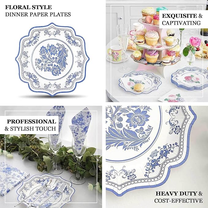50 Pack 8" Light Blue French Toile Dessert Plates, Disposable Round Paper Floral Pattern Appetizer Salad Plates 300 GSM for Party Decoration