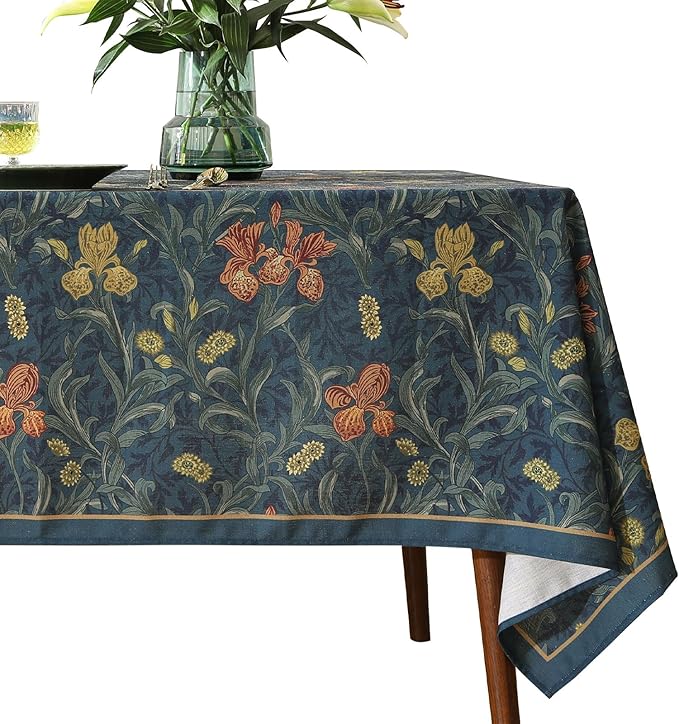 patdrea Designer Vintage Dark Blue Linen Square Tablecloth,French Rustic Floral Pattern Tablecloths,Decorative Table Cover Cloth for Kitchen,Dining,Tea Party,Home,Christmas,55"*55"