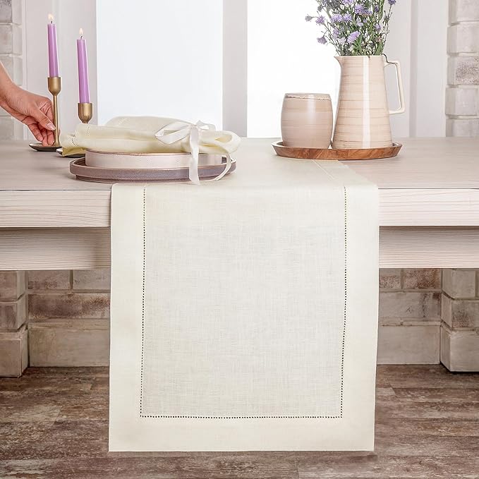 D'Moksha Homes Linen Ivory Table Runner 108 Inches Long - 100% Pure Linen 14 x 108 Inch Table Runner for Valentines, Spring, Easter - Classic Hemstitch