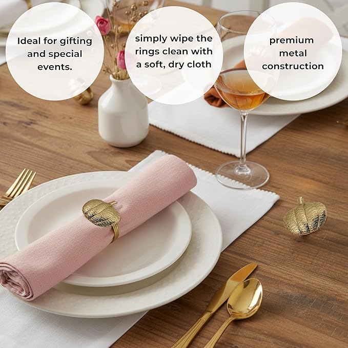 CLEENTABLE Napkin Rings Set of 12, Metal Napkin Holder Cuffs for Dinner Table Décor, Thanksgiving Pumpkin Farmhouse Modern Serviette Rings for Christmas, Weddings, Receptions, (Antique Gold)