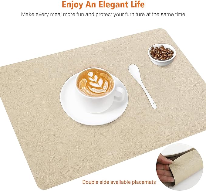Vinyl Placemats Set of 12 Heat Resistant Easy Clean Non-Slip Place Mats for Dining Table Faux Leather Waterproof Stain Resistant Wipeable Washable PVC Table Mats(12, Beige)