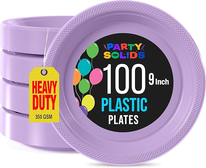 Lavender Plastic Plates For Party 9" Lavender Disposable Plates Heavy Duty 100 Pcs Plastic Dinnerware Sets Heavy Duty 350 GSM Disposable Dinnerware Set