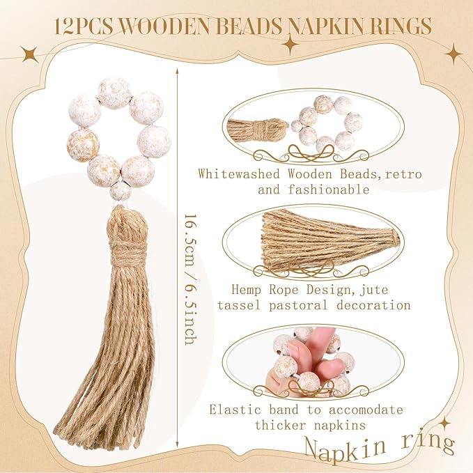 Maxcheck 12 Pcs Wood Bead Napkin Rings with Tassel Handmade Wooden Farmhouse Napkin Ring Natural Beaded Napkin Ring Holders for Tabletop Dining Party Wedding Gathering Home Decoration (Whitewashed)