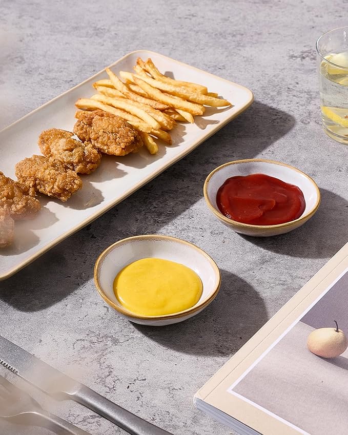 famiware Ocean Soy Sauce Dishes of 6, Oval Dipping Sauce Cups/Bowls/Dishes for Kitchen, 2.1oz Ceramic Small Bowls for Side Dish, Appetizers, Snacks, and Sushi, Reactive Glaze, Cappuccino White