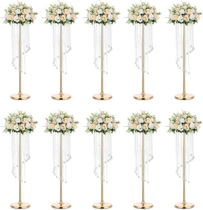 Nuptio Gold Crystal Flower Vases for Weddings, 10 Pcs 35.4in Tall, Elegant Decorations