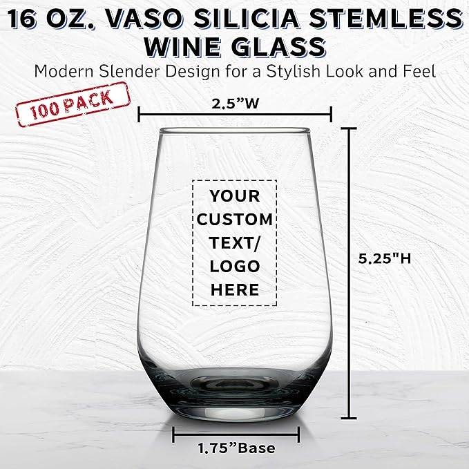 DISCOUNT PROMOS 100 Vaso Silicia Stemless Wine Glasses Set, 16 oz. - Personalized Text, Logo - Clear, Orb-Like, Thick base - Black