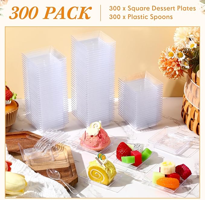 300 Pcs Mini Clear Dessert Plate Small Square Plastic Appetizer Plate with 300 Tasting Spoon Disposable 1 oz 2.4x2.4 Inch Party BBQ Wedding Picnic Party Travel Events Microwavable(Classical)