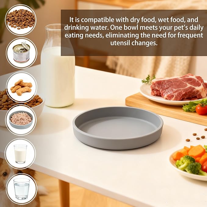 Silicone Cat Bowl Shallow Non-Slip Cat Dishes Set of 2 Relief Whisker Fatigue Small Pet Dog Bowls for Dry & Wet Food (Round Grey)