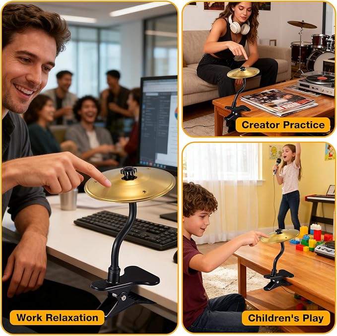 2PCS Desktop Cymbal, Desk Symbol Drum, Easy Clip-On Mini Cymbals for Drumer Music Lovers, Relief Your Working & Studying Stress, Fun Desk Accessory for All Type of Desks, Easy Installations - Gold