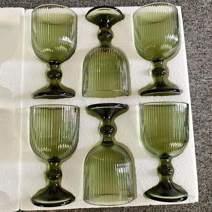 Green Drinking Glasses set of 6 Big Wine Goblets Vintage Colored Glassware 13 oz for Wedding Party Bar Vertical Line Embossed Pattern Stemmed Cups 400ml