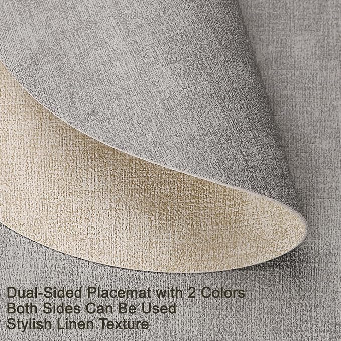 Placemats and Coasters, Washable Placemats Round Faux Leather Wipeable Place Mats Non Slip Heat Resistant Indoor Outdoor Table Mats (Set of 6, Light Gray Cream-White)