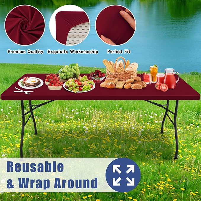 Spandex 6 Foot Rectangle Table Cloth 2 Pack, Elastic Fitted Tablecloths for Picnic, Stretch Washable Patio Table Cover for Outdoor, Camping, Banquet and Parties (Wine Red, 30"x72")