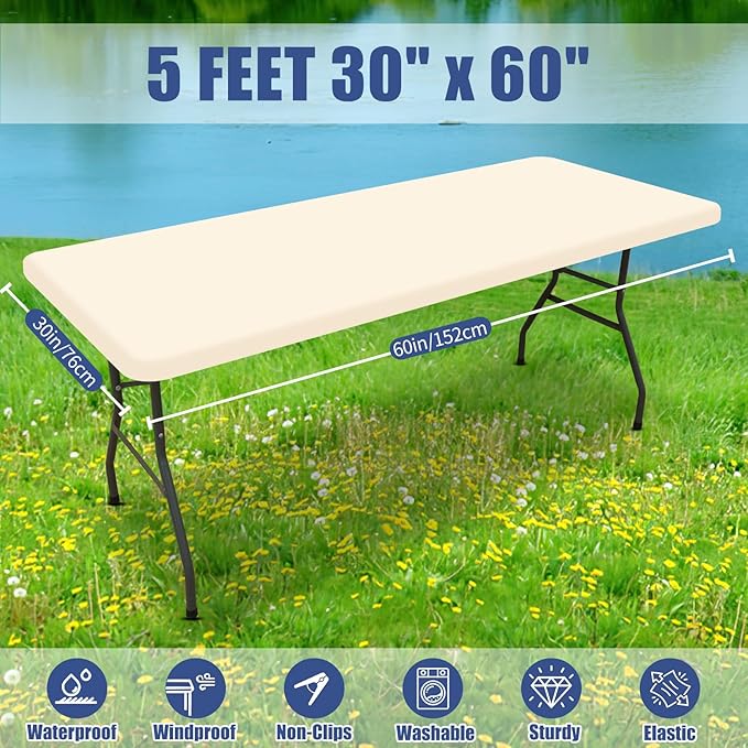 Spandex 5 Foot Rectangle Table Cloth 2 Pack, Elastic Fitted Tablecloths for Picnic, Stretch Washable Patio Table Cover for Outdoor, Camping, Banquet and Parties (Champagne, 30"x60")
