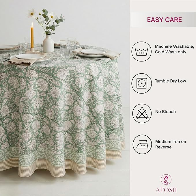 ATOSII Jade 100% Cotton Boho Round Tablecloth, Block Print Floral Table Cloth Linen for Dining, Parties, Weddings, Outdoors I Table Decor 72" Inches Diameter I