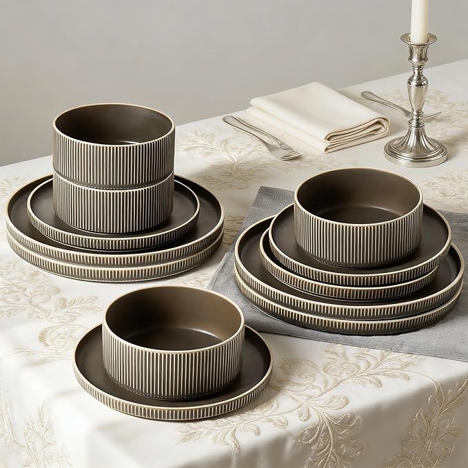 Dinnerware Set Service for 8, 24-Piece Ceramic Plates and Bowls Set, Chip & Scratch Resistant, Microwave and Dishwasher Safe, Modern Minimalist Tableware for Everyday Use, Matte Green