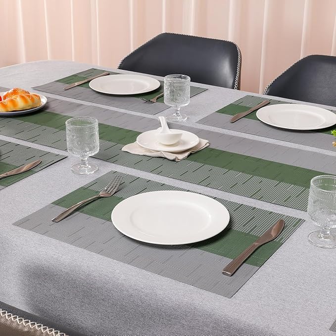 Placemats Set of 4, Vinyl Woven Place Mats Indoor Set of 4 Washable Wipeable PVC Table Mats Heat-Resistant Non Slip Placemat for Kitchen Dining Outdoor Table (Gray Sage Green, Set of 4)