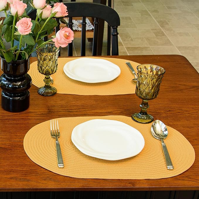 Noctiflorous Oval Braided Placemats Set of 8 Woven 12x18 Inch Non Slip Washable Heat Resistant Place Mats Round Tablemats for Dining Kitchen Party Daily Table Decor Dinner Mats (Solid Yellow, 8)