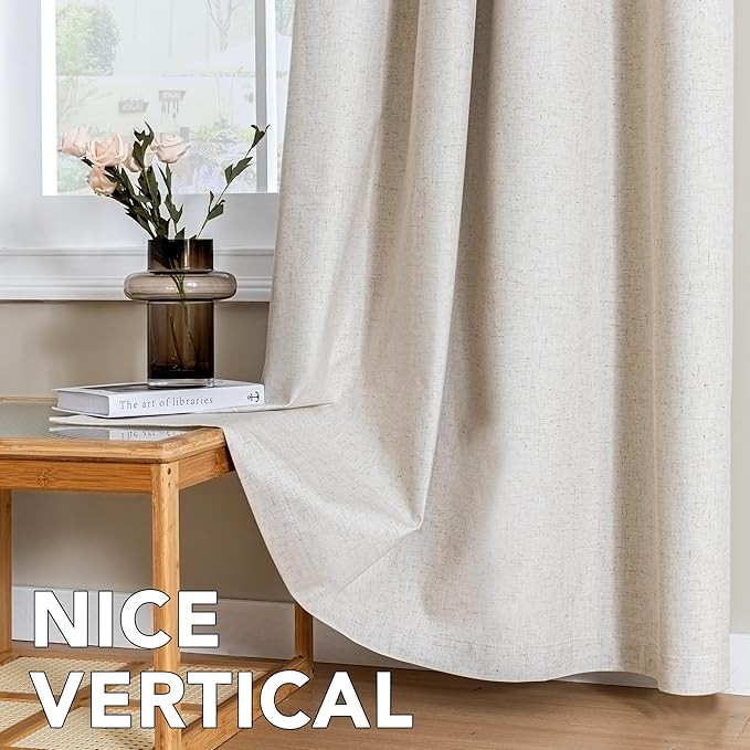 H.VERSAILTEX Linen Curtains 100% Blackout Curtains for Bedroom 45 inch Long Full Light Blocking Nature Linen Blended Window Curtains for Living Room Nickel Grommet (2 Panels, Heathered Natural)