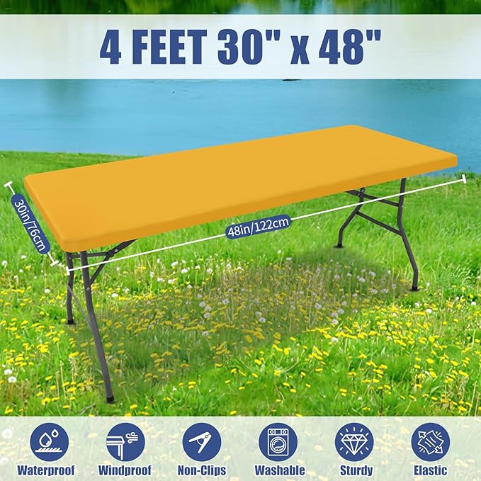 Spandex 4 Foot Rectangle Table Cloth 2 Pack, Elastic Fitted Tablecloths for Picnic, Stretch Washable Patio Table Cover for Outdoor, Camping, Banquet and Parties (Mustard Yellow, 30"x48")