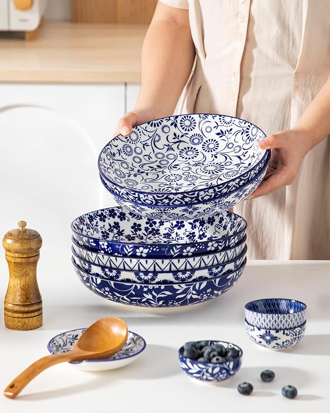 vancasso 50 oz Large Pasta Bowls Set of 6, Porcelain Serving Bowls, 9.5 Inch Wide Shallow Salad & Soup Bowls, Kitchen Pasta Plates, Microwave and Dishwasher Safe, Blue White Floral Design