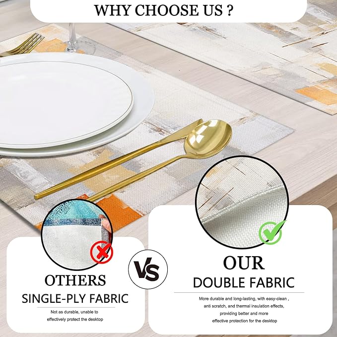 Mcalk Orange Table Runner and Placemats Set of 6, Abstract Grey Placemats, Modern Cloth Place Mats Indoor for Kitchen,Washable Linen Material for Dining Table