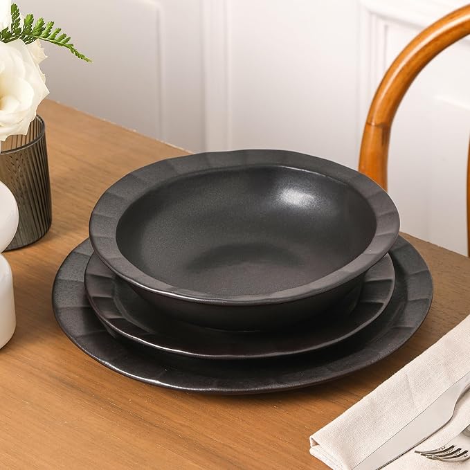 Stone Lain Oasis Stoneware 24 Piece Dinnerware Set, Home Kitchen Dish Set with Dinner Plates, Salad Plates & Bowls - Service for 8, Black