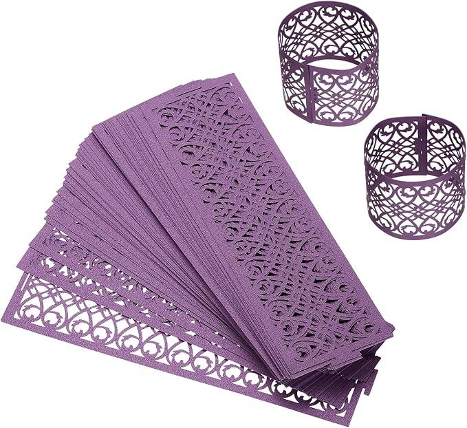 uxcell 100Pcs Napkin Rings Laser Cut Foil Paper, Napkin Holder Hollow Napkin Bands for Weddings Party Serviette Table Decoration Restaurant (Dark Purple, 5.3 x 1.6)