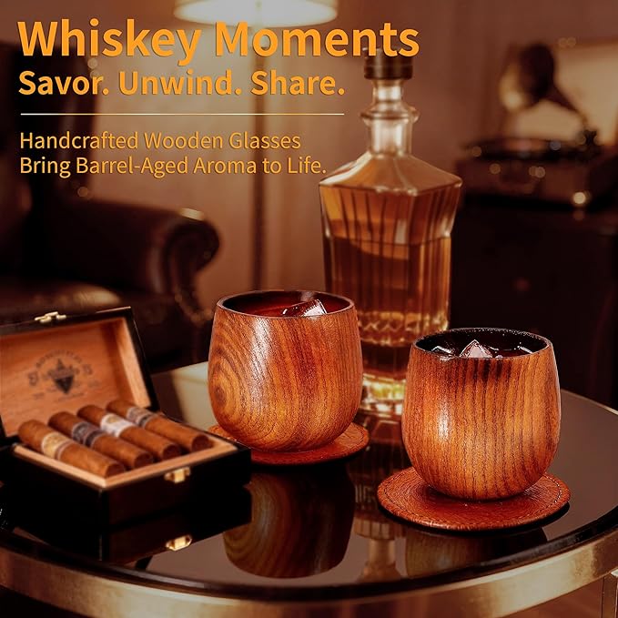 Charred Wooden Bourbon Drinking Glasses Set of 2 | 10oz Handcrafted Whiskey Tumblers with 6 Stones & 2 Leather Coasters | Complete Gift Set for Men, Dad, Groomsmen