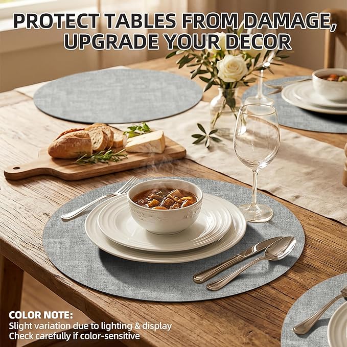 15 inch Faux Leather Round Placemats Set of 6 Non-Slip Washable Wipeable Table Mats, Heat Resistant Waterproof Oilproof Grey Place Mats for Kitchen, Dining, Party, Indoor, Outdoor