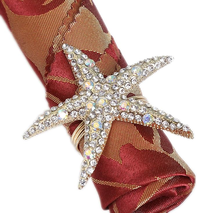 Crystal Starfish Napkin Rings - Rhinestone Coastal Nautical Napkin Ring Holders for Wedding Party, Beach/OceanTheme Dining Table Decoration Accessories (6)