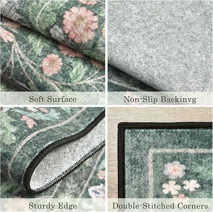 Green Floral 8x10 Area Rugs for Living Room Large Washable Rug Vintage Forest Low Pile Non Slip Stain Resistance Soft Carpet for Dining Room, Bedroom, Office Rug, Kids Room, Nursery Room, Playroom