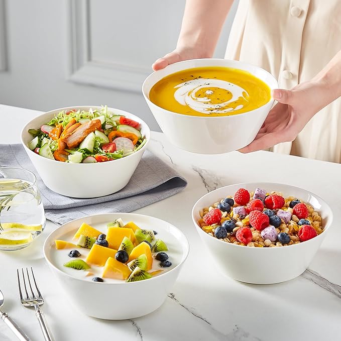 MALACASA 35 OZ Soup Bowls, White Porcelain Bowls Set of 4, Deep Bowl for Kitchen, Large Ceramic Bowls for Soup, Cereal, Salad, Ramen and Fruit, Dishwasher & Microwave Safe, Series Regular