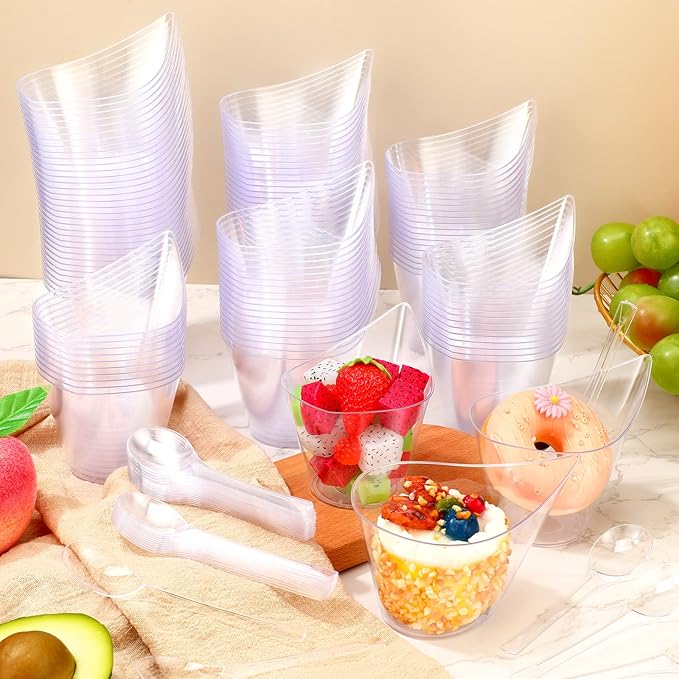 400 Pack Clear Plastic Dessert Cups with Tasting Spoons, Appetizer Cups Yogurt Parfait Bowls with Spoons for Party Supplies Catering Chocolate Desserts Buffet Food Display (7 oz)