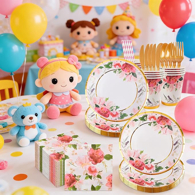 280PCS Floral Paper Plates and Napkins Party Supplies for 35 Guests Disposable Tableware with Plates Napkins Cups Cutlery Straws for Bridal Shower Birthday Party