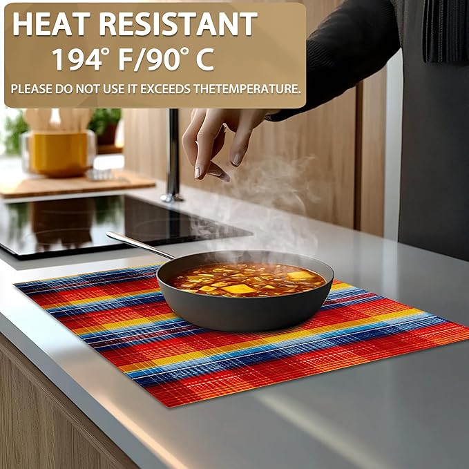 Placemats Set of 6 Linen Washable Kitchen Dining Colorful Mexican Stripes Lines Table Mats Stain Heat-Resistant Desktop Décor Place Mats for Home Party Indoor 12x18 in