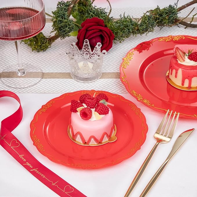 U-QE 100PCS Red Plastic Plates - Heavy Duty Red Disposable Plates Disposable with Gold Rim - Include 50PCS 10inch Dinner Plates and 50PCS 7.5inch Dessert/Salad Plates for Party