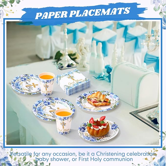 Pickmesh 250 Pcs Blue Baptism Cross Disposable Tableware Set First Holy Communion Baptism Disposable Paper Plates Napkins and Cups for Christening Celebration Baby Shower Religious Supplies