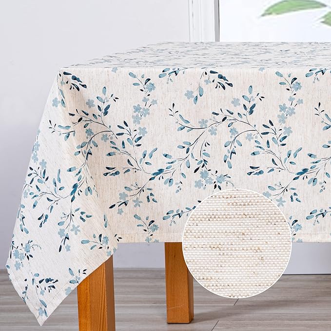 MYSKY HOME Rectangle Table Cloth 60x84 Inch - Spring Summer Floral Tablecloth, Waterproof Linen Fabric Oblong Table Cloth for Kitchen Dining Tablecloth for 4 Feet Table Blue, Small Blue Flower Design