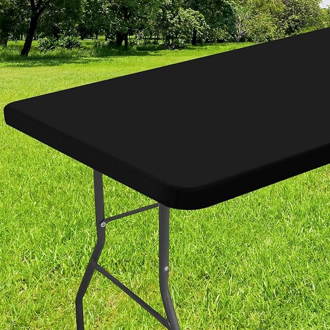 Smiry Rectangle Tablecloth, Elastic Fitted Flannel Backed Vinyl Tablecloths for 6ft Folding Tables, Waterproof Wipeable Table Covers for Indoor, Outdoor, Picnic and Camping (Black, 36"x72")