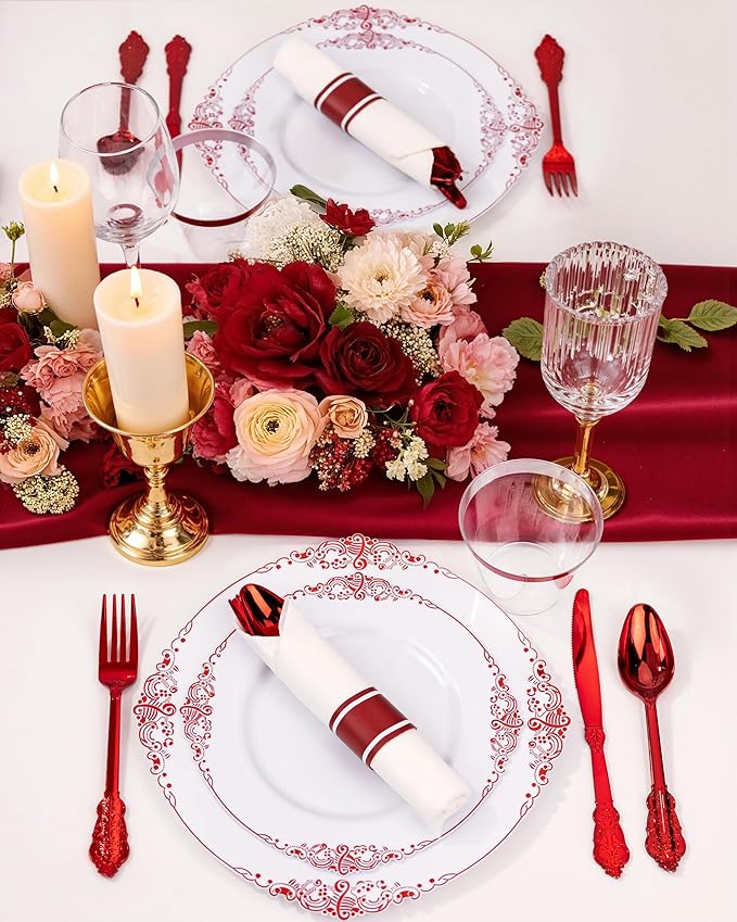 Nervure 100Pcs White and Red Plastic Plates - Heavyweight Red Disposable Plates - Plastic Plate Include 50Pcs 10.25inch Dinner Plate & 50Pcs 7.5inch Dessert Plate for Wedding & Party