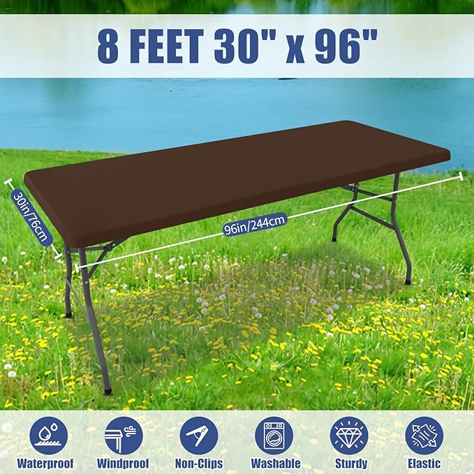 Spandex 8 Foot Rectangle Table Cloth 2 Pack, Elastic Fitted Tablecloths for Picnic, Stretch Washable Patio Table Cover for Outdoor, Camping, Banquet and Parties (Coffee, 30"x96")