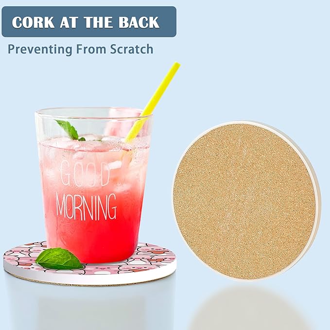 Drink Coasters Set of 4,Cute Pig with Heart Coasters for Drinks Ceramic Coasters with Cork Bottom for Kinds of Mugs and Cups,Home Decor,4''