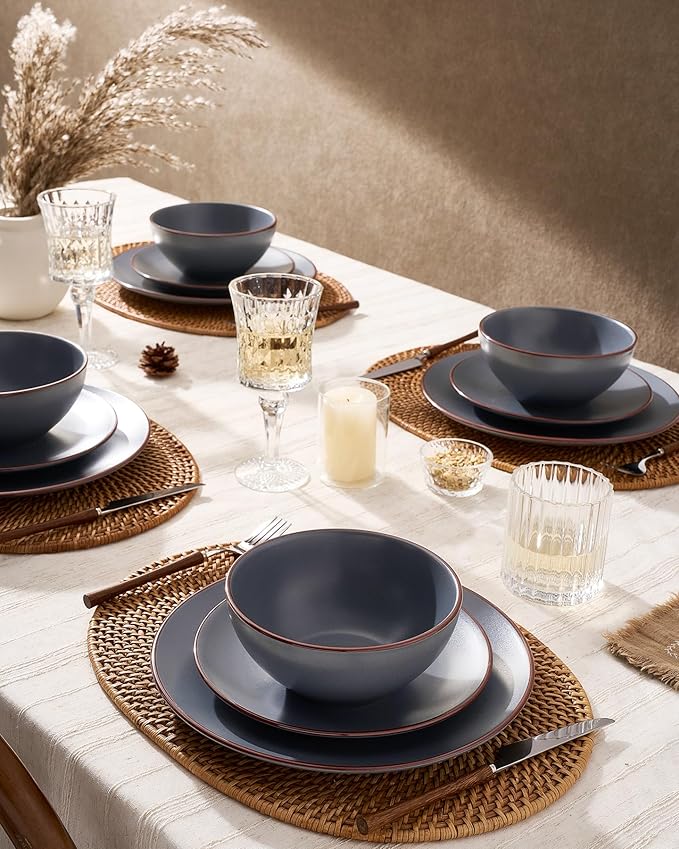 Famiware Venus Speckled Dinnerware Set with Pasta Bowls, Service for 6 (24 Pieces), Stoneware Plates and Double Bowls Sets, Microwave & Dishwasher-Safe Dishes with Trim, Matte Charcoal