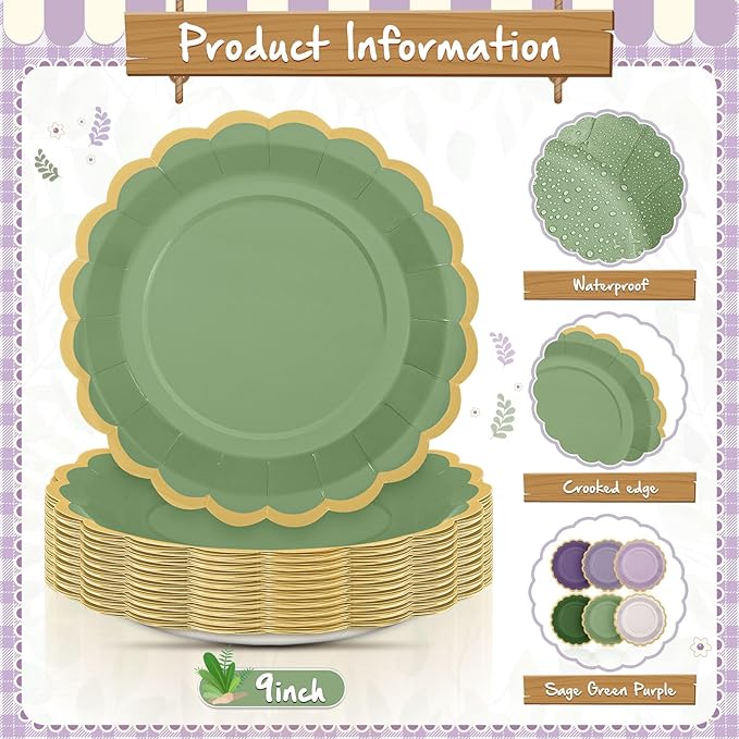 96 Pcs Sage Green Purple Paper Plates 9 Inch Lavender Scalloped Paper Disposable Dinner Dessert Plates for Birthday Wedding Bridal Party Supplies, 6 Colors