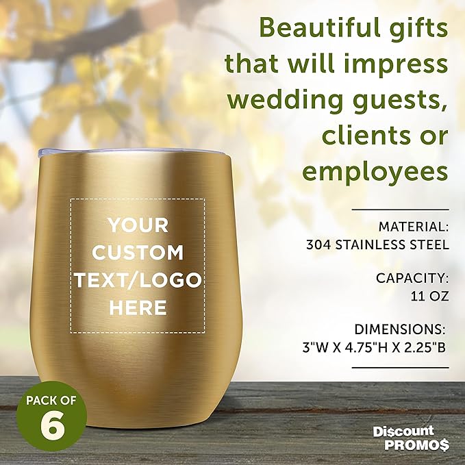 Custom Stemless Wine Glass Tumblers with Lids by Largo 11 oz. Set of 6, Personalized Bulk Pack - Perfect for Wine, Cocktails, Other Hot & Cold Beverages - Gold