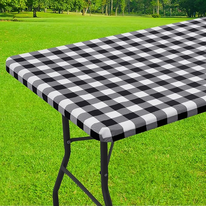 Smiry Rectangle Picnic Table Cloth, Elastic Waterproof Fitted Vinyl Tablecloths, Flannel Backed Buffalo Plaid Table Covers for Dining, Camping, Outdoor (Black and White, 36" x 60")