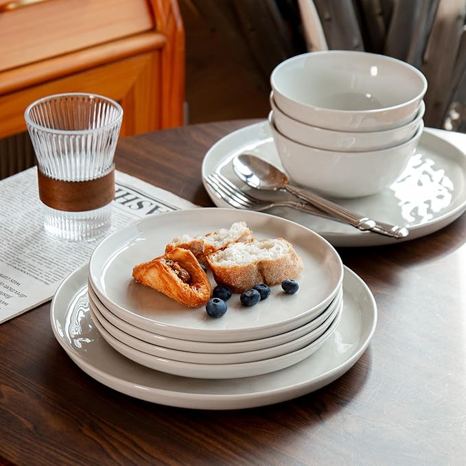 Ceramic Water Ripple Tableware Sets for 4, 12 Pieces Stoneware Plates and Bowls Sets, Reactive Glaze Dishes -Scratch Resistant, Dishwasher&Microwave Safe (Milky White)