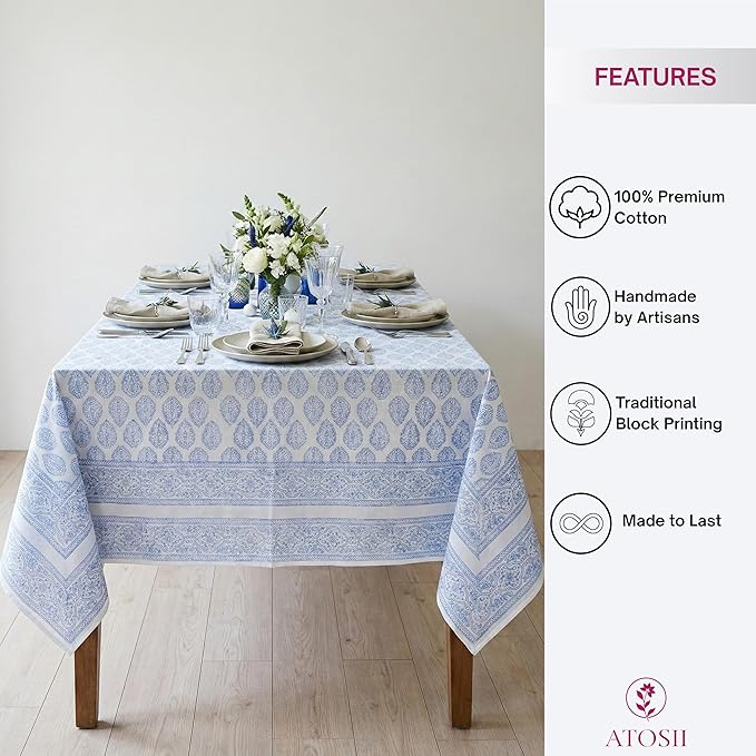 ATOSII Amalfi 100% Cotton Boho Rectangle Fall Tablecloth, Handblock Print Table Cloth for Kitchen I Dining Table Linen Fall Décor I Parties Wedding Outdoor Christmas Thanksgiving I 60 X 108 Inches