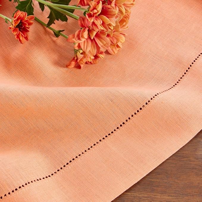 Solino Home Linen Tablecloth for Rectangle Tables 60 x 108 Inch - Classic Hemstitch 100% Pure Linen Coral Table Cloth - Machine Washable Cloth Tablecloth for Valentines, Spring, Easter